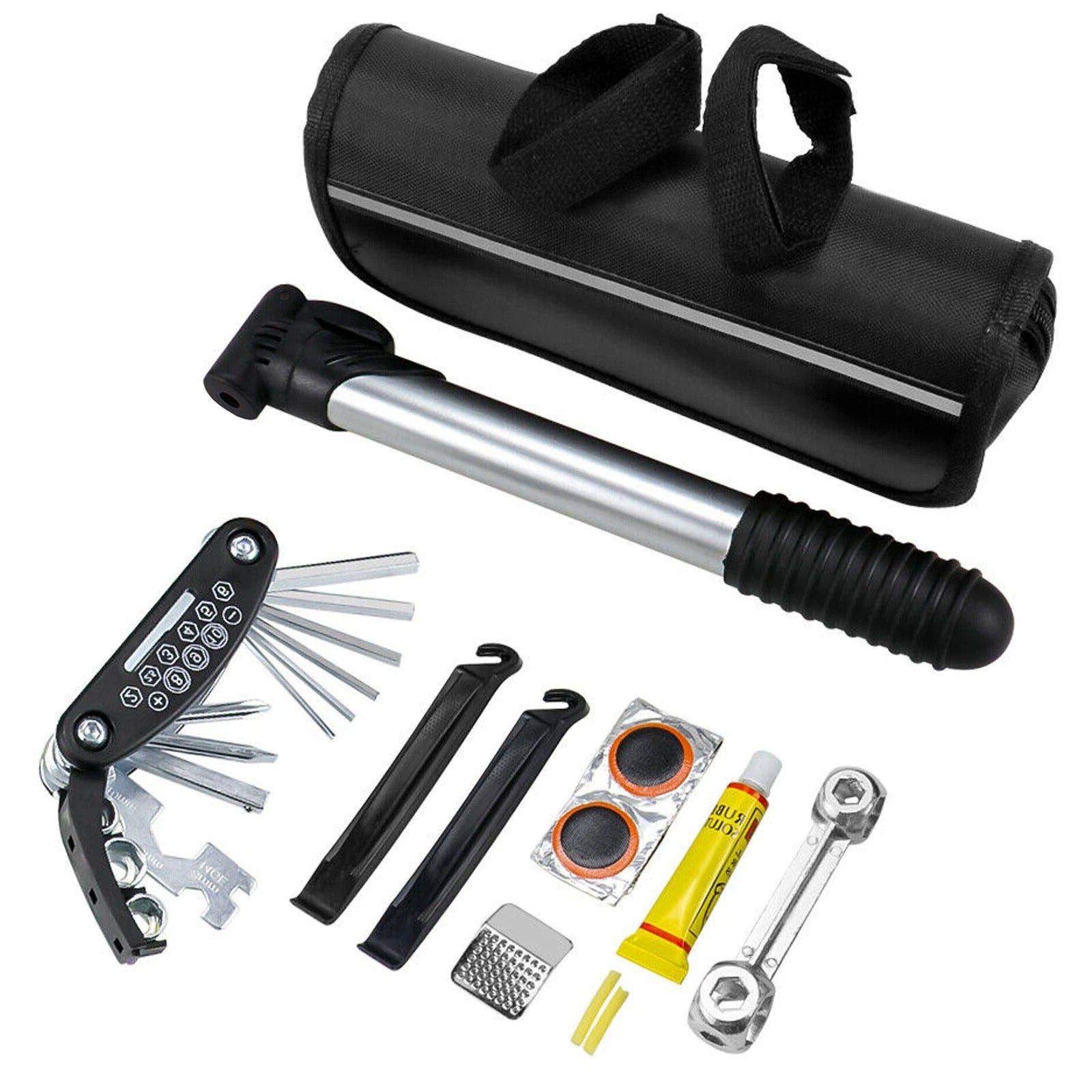 Bike Cycle Bicycle Frame Tools Puncture Repair Kit Carry Case Bag with Pump Set
