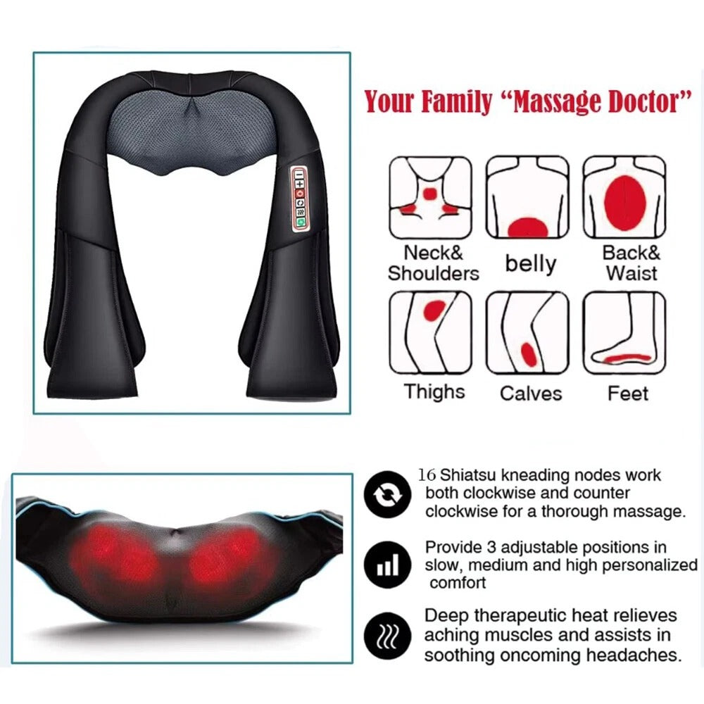 Electric Shiatsu Back Neck Shoulder Massager with Heat Kneading Body Car Home
